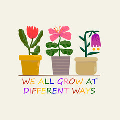  Beautiful flowers and plants  on pots, vases line art with text,lettering hand drawn vector illustration. floral and nature. Aesthetic wall art, prints, cards, cover, poster, decoration design.