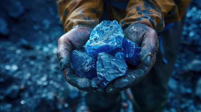 artisanal cobalt mining miner holds valuable blue mineral deposit symbol of ethical sourcing digital illustration