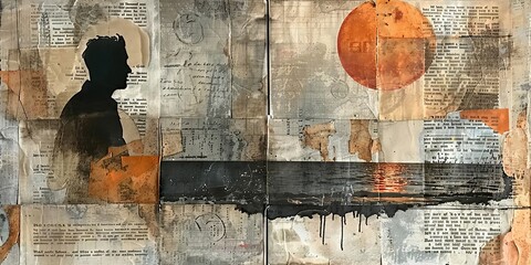Vintage Mixed Media Collage with Silhouette, Texts, and Nature Elements