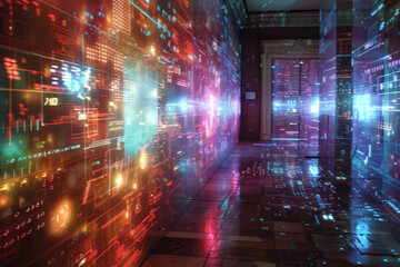 Naklejka premium Dark room with holograms on the walls, blur. Futuristic background