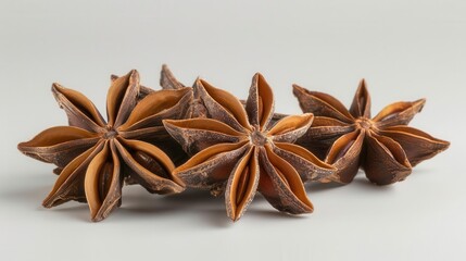 Fototapeta premium artistic closeup shot of whole and sliced star anise on plain background showcasing unique shape and texture of aromatic spice