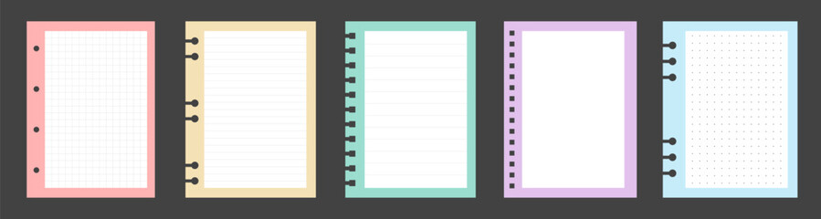 Set of notebook sheets isolated on gray background. Realistic white blanks of checkered, lined and dots paper. Different vertical pages from diary. Vector template.