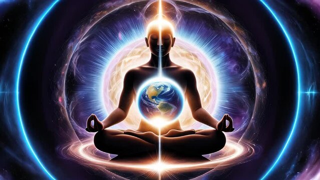 Silhouette of a man meditating on the lotus pose in front of abstract galaxy universe background. Slow motion footage
