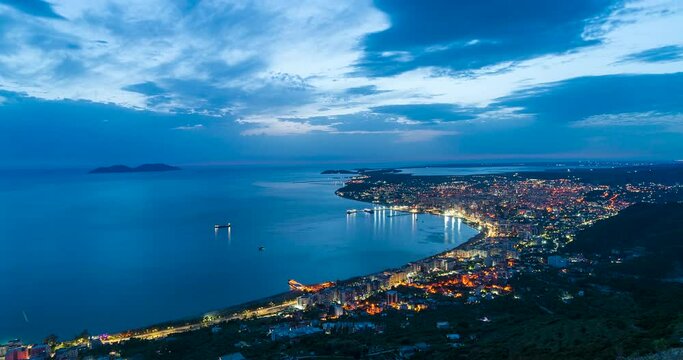 Time lapse of the city of Vlora in southern Albania at Dusk. 
