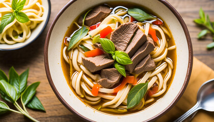 Spicy udon noodles soup with beef and vegetables. Delicious dish. Tasty food. Culinary concept.