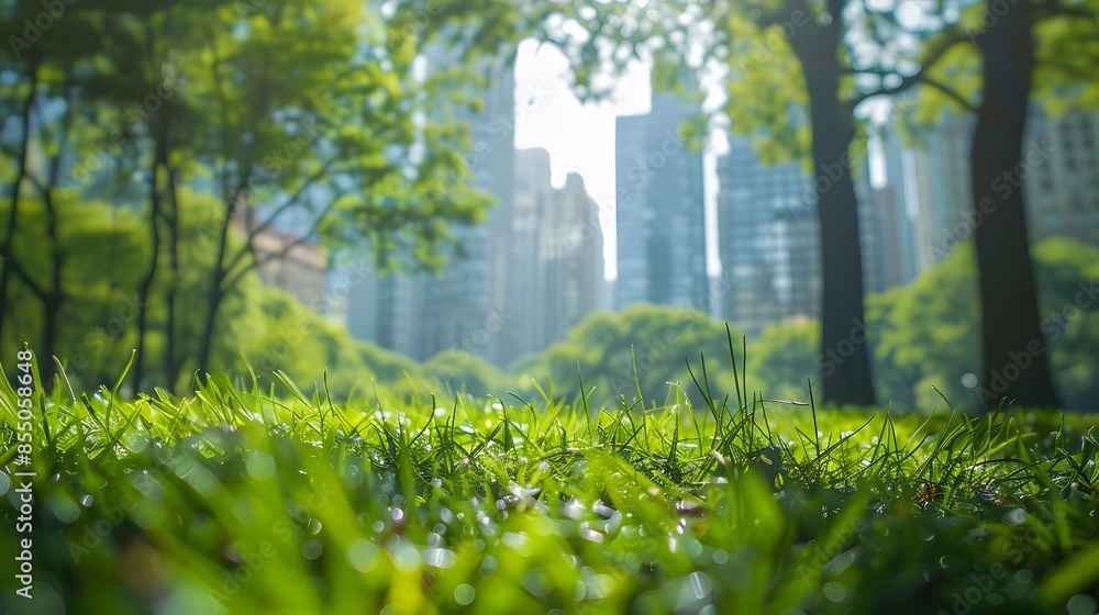 Poster a path in a park with trees and buildings in the background. the path is lined with green bushes and