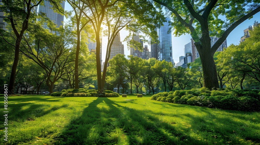 Poster a path in a park with trees and buildings in the background. the path is lined with green bushes and