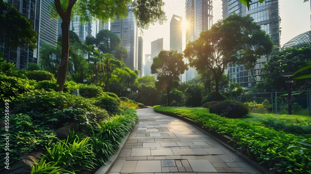 Poster a path in a park with trees and buildings in the background. the path is lined with green bushes and