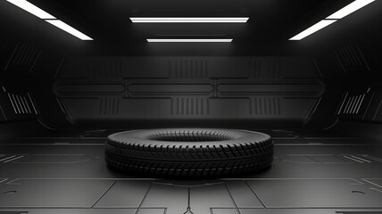 A black car tire in the center of the room.  An empty 3d showcase for displaying goods.