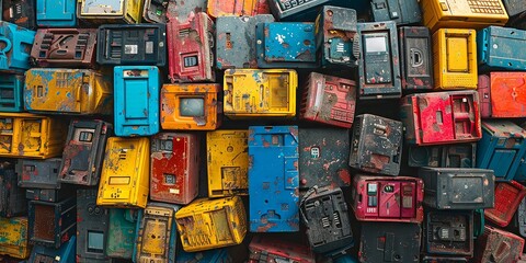 Vintage electronic waste piled up in vibrant colors creating a nostalgic atmosphere