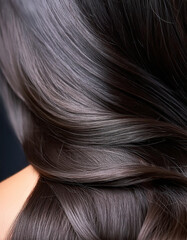Fototapeta premium background, macro closeup of dark hair of a beautiful young model in motion. Shampoo conditioner hair product advertisement. isolated on dark background 