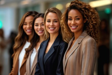 Fototapeta premium Diverse group of professional businesswomen smiling, celebration of women's empowerment