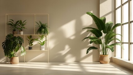 Fototapeta premium Potted indoor plants, an empty wall space, the interior of a bright room with a large window.