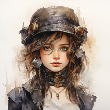 Victorian Steampunk Girl Watercolor, Fantasy Girl Victorian