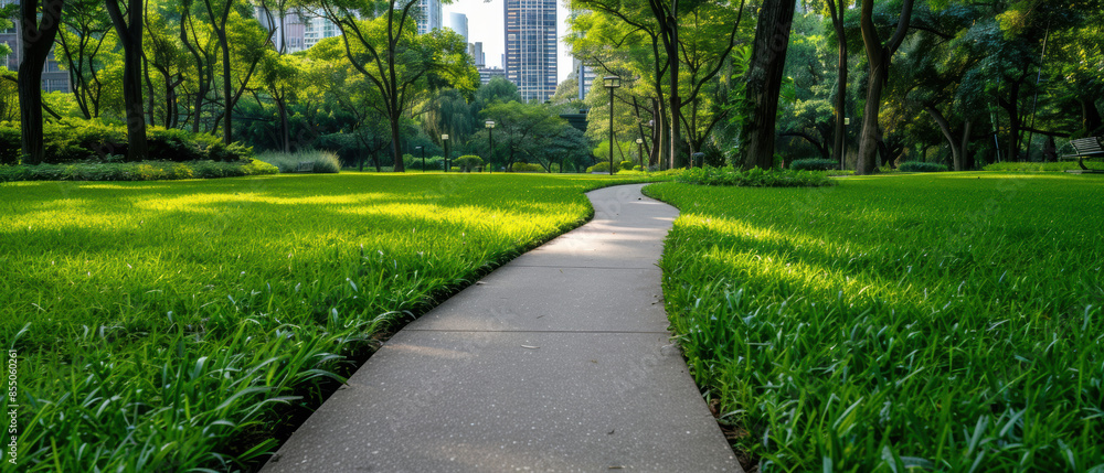 Poster a path in a park with trees and grass