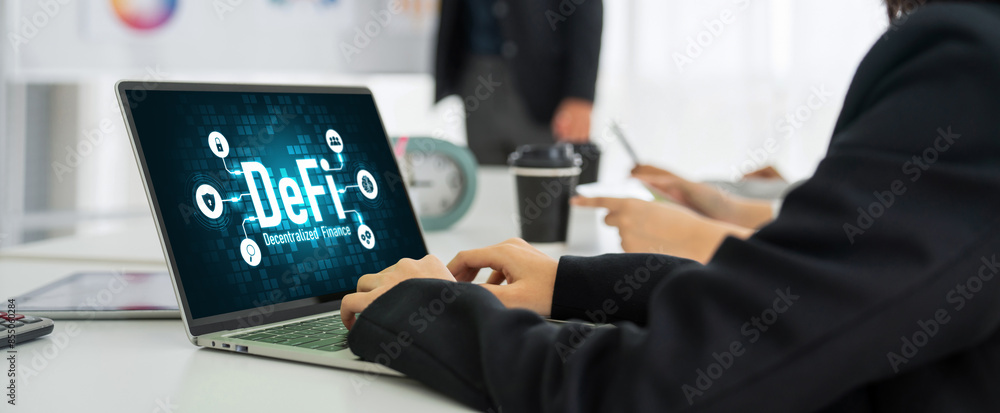 Poster decentralized finance or defi concept on modish computer screen . the defi system give new choice of