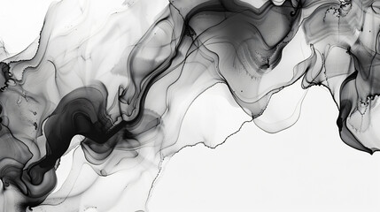 Abstract background with fluid shapes of black and gray smoke on a white background. Modern art in the style of alcohol ink painting.