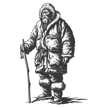 Engraved Alaskan Fur Trapper: Stoic Figure with Walking Stick, Winter Outfit, Vintage Style.