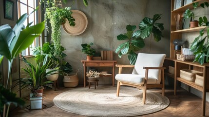 biophilic psychologists office elegant ecofriendly therapists room with lush potted plants and sustainable wooden furniture modern interior design photography