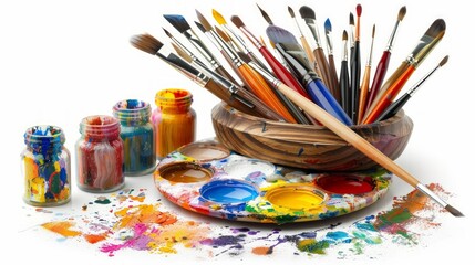 Fototapeta premium Colorful Art Studio: Assorted Brushes, Paints, and Palette