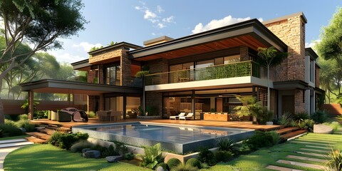 Fototapeta premium Modern House with Swimming Pool and Lush Greenery