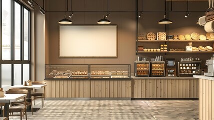 blank advertising board mockup in bakery shop interior concept illustration