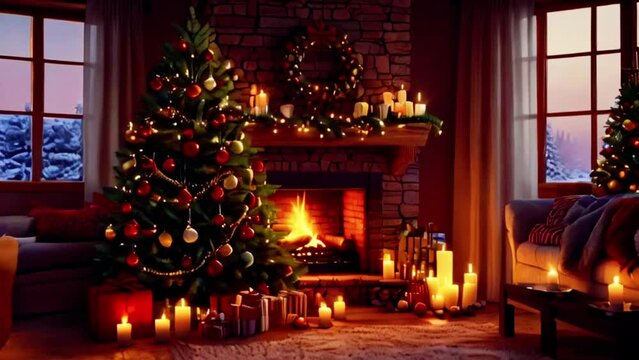 cozy room interior with christmas tree and candles and fireplace, christmas decoration, seamless loop, 4k Merry Christmas background