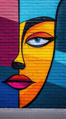 A colorful face painted on a brick wall