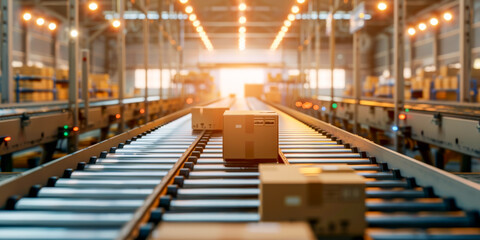 Fototapeta premium Cardboard boxes on conveyor belt in warehouse, sorting and preparing parcels for delivery.