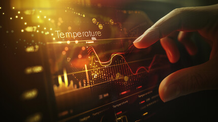 Hand pointing at a warm colored temperature graph