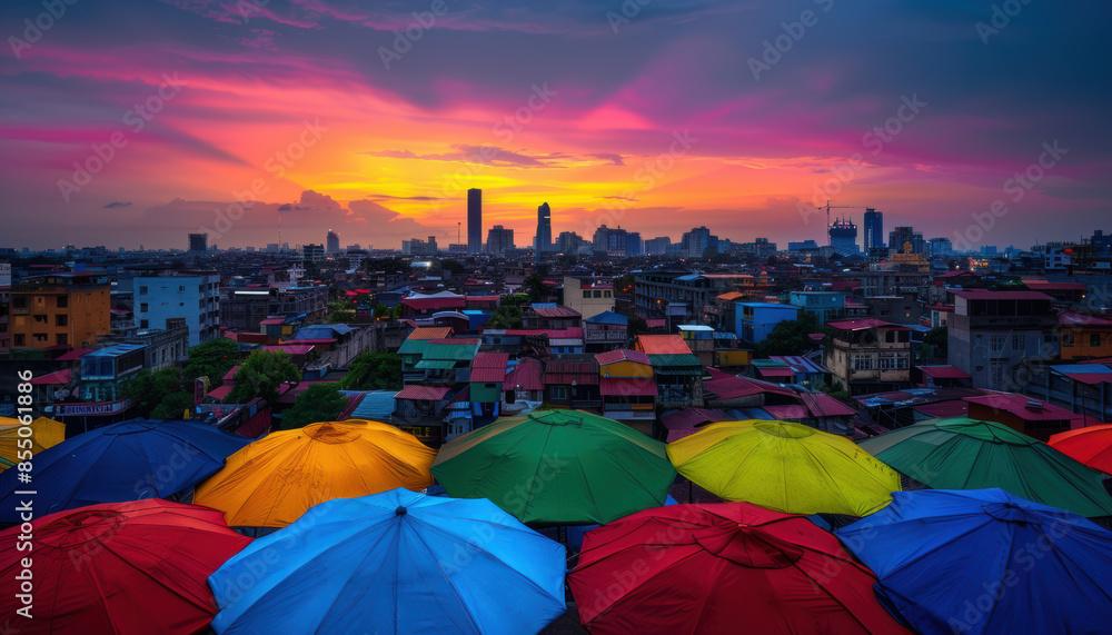 Poster a colorful array of umbrellas are spread out over a city skyline