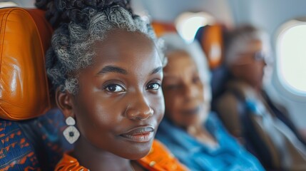 Obraz premium A young woman with grey hair is sitting on an airplane. She is looking at the camera