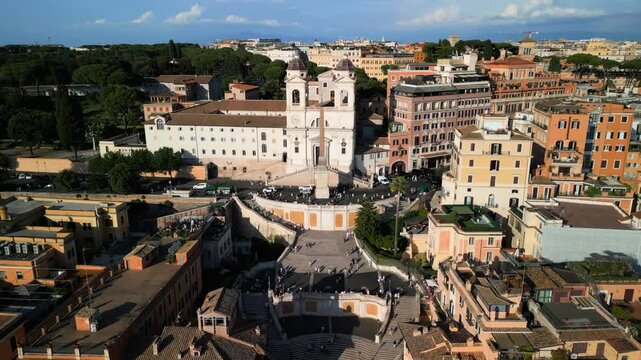 Amazing Drone Shot Above Piazza di Spagna in Rome, Italy. Summer