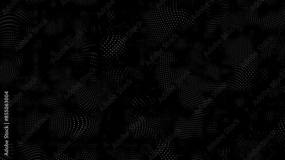 Poster black and white wavy abstract background - monochrome cyber grid: flowing dots and wavy mesh on a bl