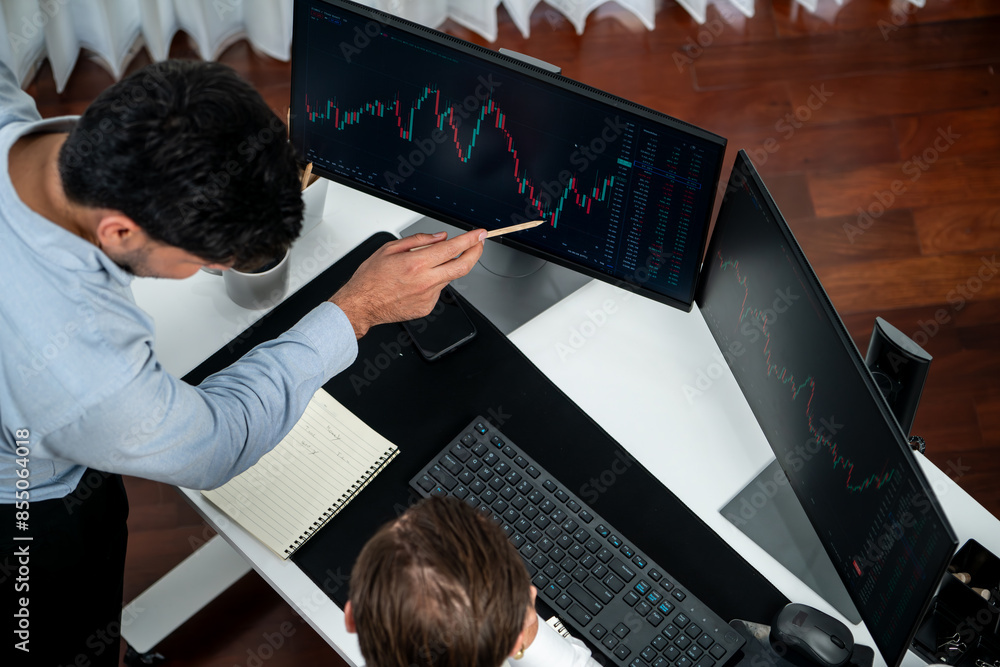 Poster business professional brokers discussing stock market on pc screen in real time, analyzing dynamic e