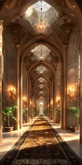 Obraz premium Golden Hallway with Ornate Arches and Carpet
