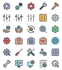 Filled color outline icons set for Settings, gear, configuration, technology.