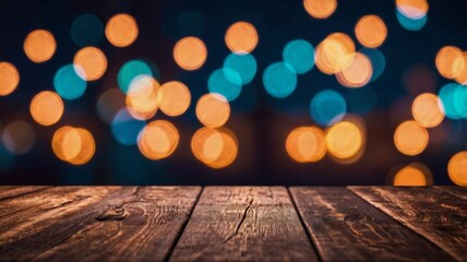 wooden table, blurred boked light background. neon light, close up view. background image of wooden table in front of blurred lights at night for showing products. dark background.