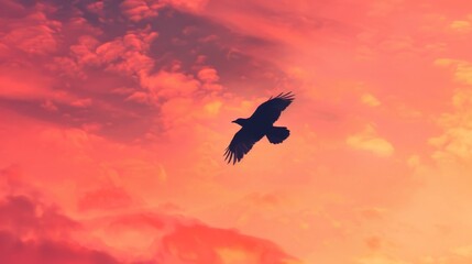 Fototapeta premium A bird in flight, its silhouette cutting through the orange and pink hues of a twilight sky