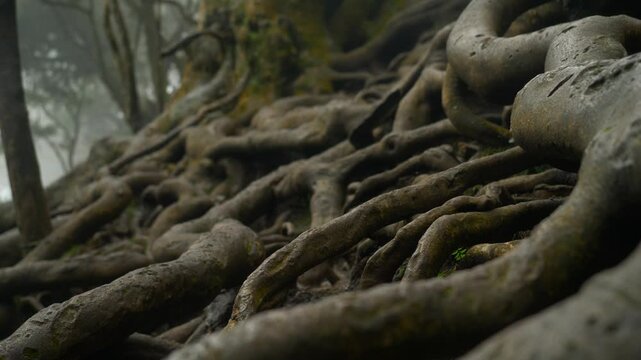 Closeup of giant tree roots above the ground in tropical forest in famous tourist destination Guna cave in Kodaikanal, Tamil Nadu