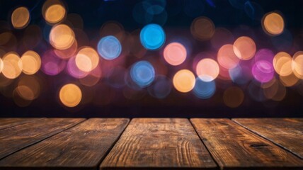 wooden table, blurred boked light background. neon light, close up view. background image of wooden table in front of blurred lights at night for showing products. dark background.
