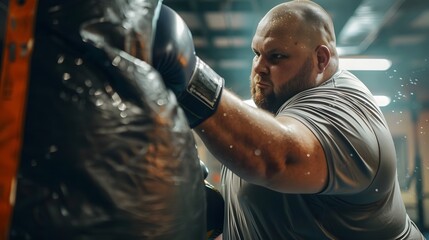 Chubby Man Powerfully Punching Heavy Bag During Intense Boxing Workout Session
