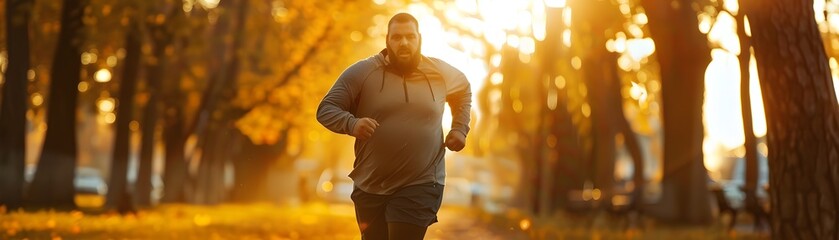 Fototapeta premium Determined Runner Jogging Through Scenic City Park at Sunrise