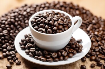 Fototapeta premium cup of coffee with beans, favorite breackfast