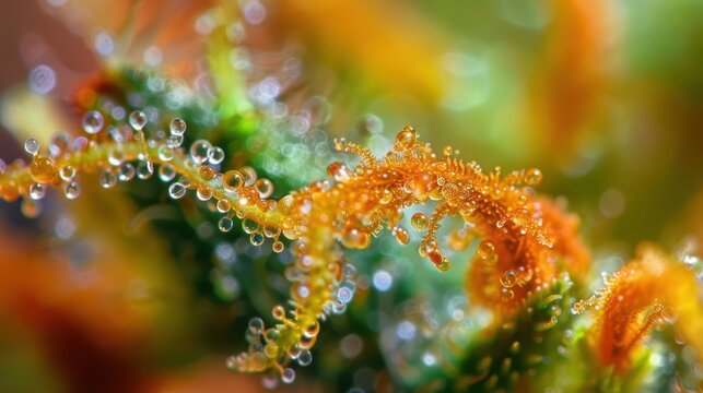 closeup macro shot of cannabis bud with trichomes and orange hairs marijuana photograph