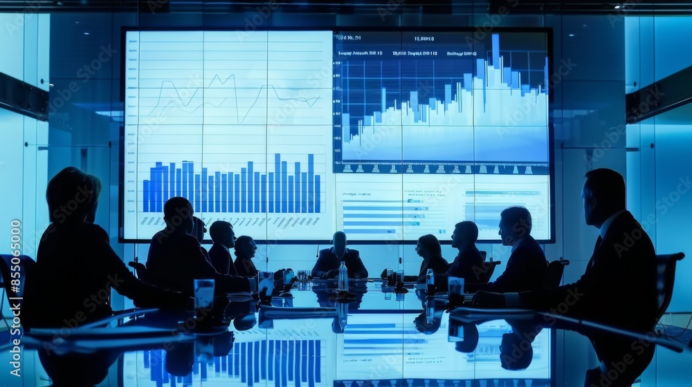 Aufkleber a boardroom meeting with executives discussing financial strategies, looking at charts and graphs on