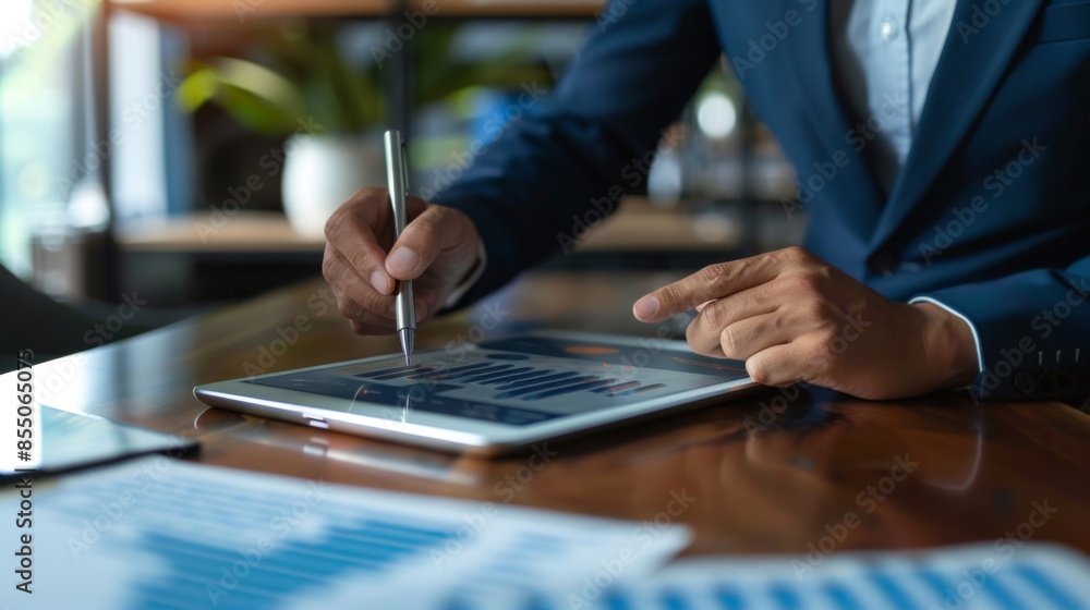 Poster a businessman analyzing financial data on a tablet, with graphs and charts illustrating investment p