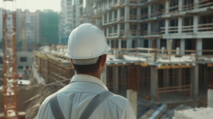 Fototapeta premium closeup of construction worker in white helmet building site background
