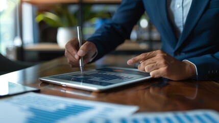 A businessman analyzing financial data on a tablet, with graphs and charts illustrating investment performance