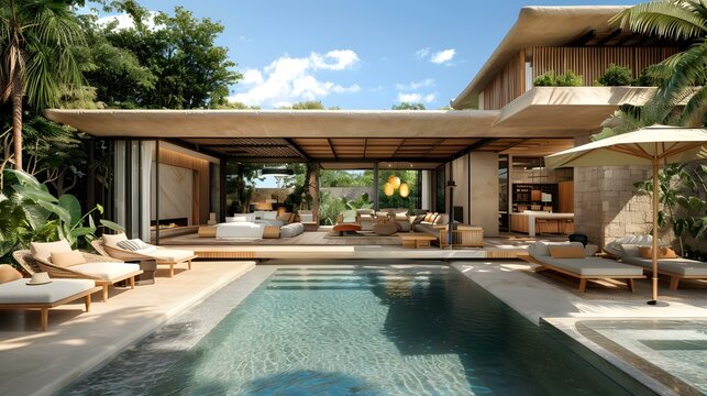 Modern house with swimming pool and tropical garden